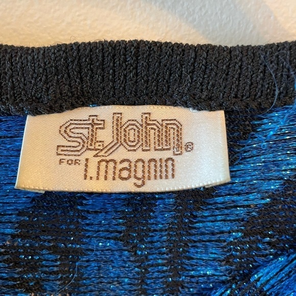 Vtg 80s Glam St. John Knit Sweater Blue Zebra Top Rock Sequin Shiny Retro Print - Picture 8 of 16